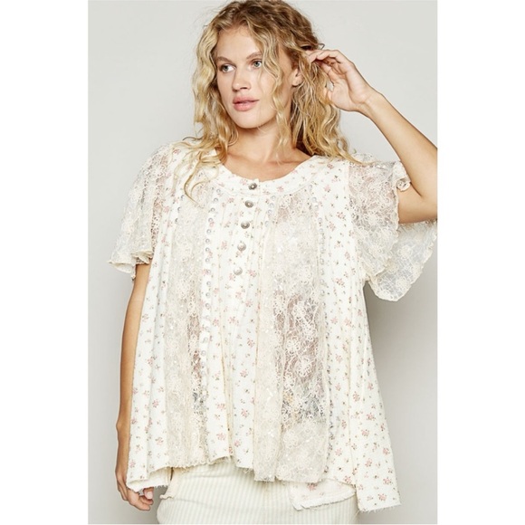 NEW POL Floral Lace Pearl Clear Sequined Trimmed Top Sz Small - Picture 7 of 12